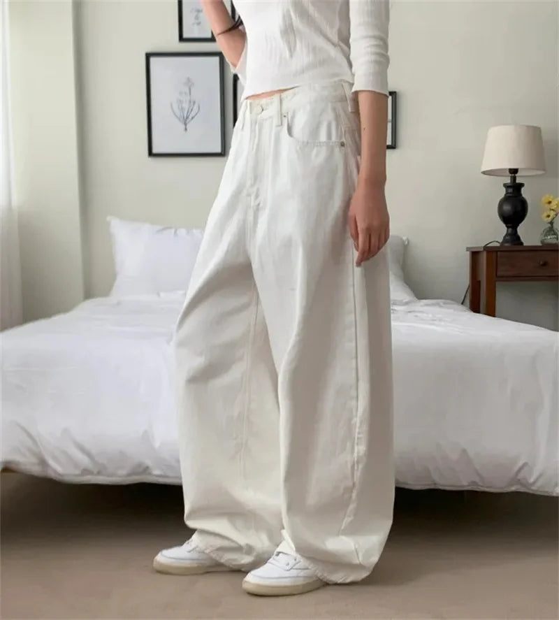 Loose Women's Denim Jeans Ba ket  Knot Design Spring New Sle Casual High Waist Wide Leg Pants Pure Color