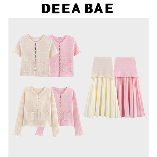 DEEABAE Autumn And Winter New Round Neck Buckle Decoration Gentle and Versatile Short Sleeve Knitted Cardigan Half Skirt Set