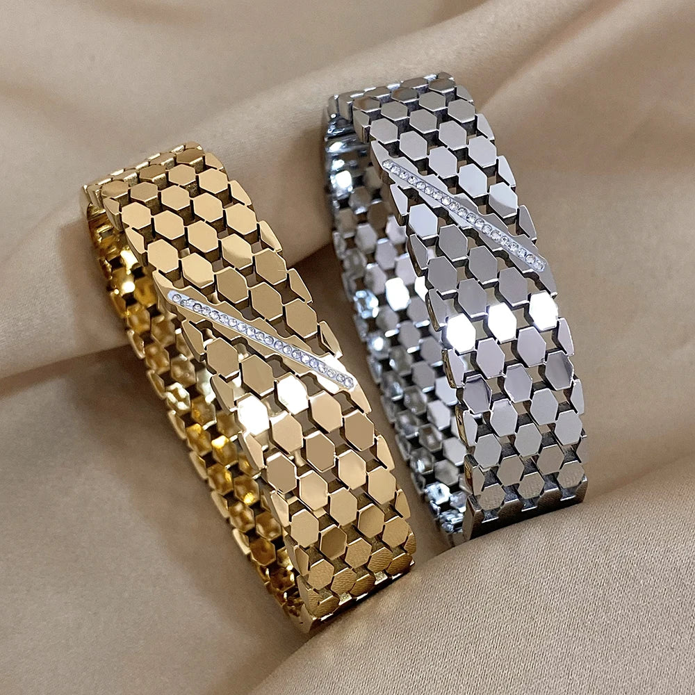 Luxury Charm Stainless Steel Cuff Bracelet for Women Fashion Zircon Geometric Gold Silver Color Wrist Bangles Waterproof Jewelry