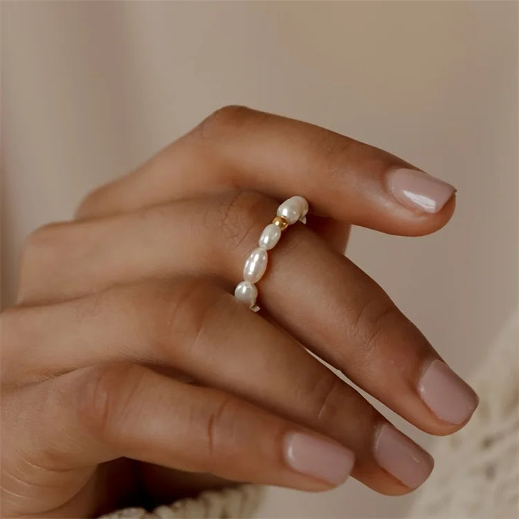YWYC Mini Rice Shape Freshwater Pearl Ring for Women Elastic 3-4mm Pearl Finger Ring Jewelry Gift for Lover Mom