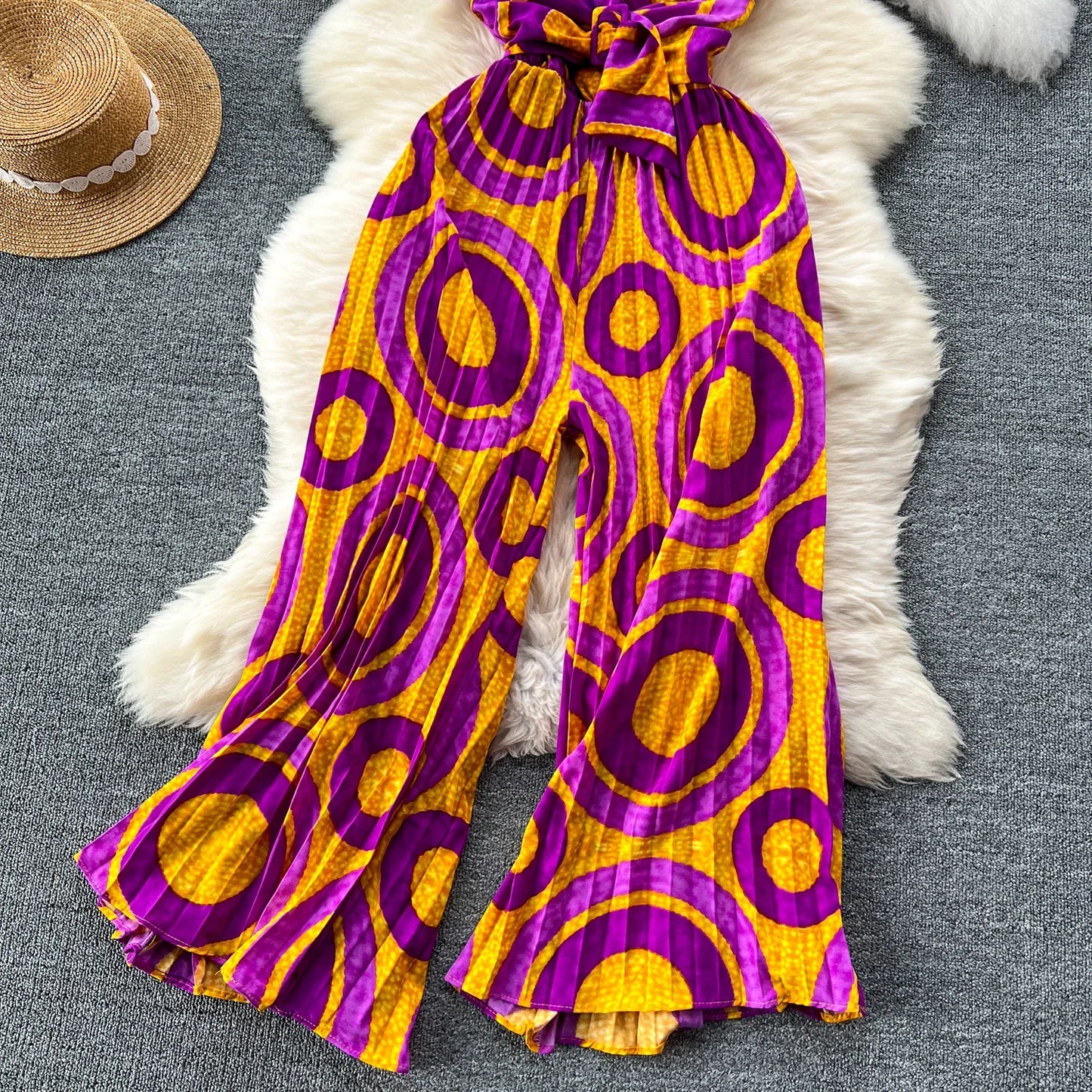 Summer Elegant Women Abstract Print Jumpsuit Chic Streetwear Wide Leg Romper Mujer V Neck Bodycon Sleeveless High Jumps