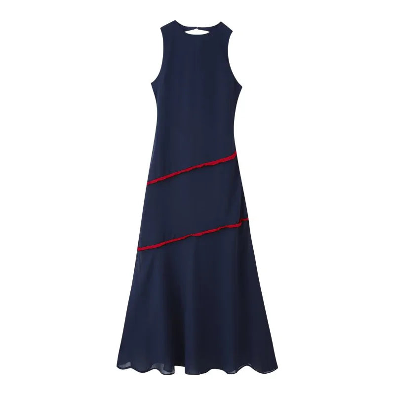 European Style Summer Sleeveless Maxi Dress Women Halter Neck Backless Contrast Ruffle Trim Elegant Long Dresses for Daily