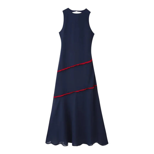 European Style Summer Sleeveless Maxi Dress Women Halter Neck Backless Contrast Ruffle Trim Elegant Long Dresses for Daily