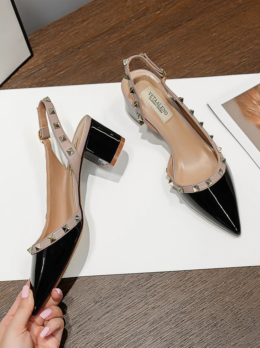 【Measure Your Feet Length Before Order】Rivets Back Strap Luxury Designer Women Elegant Sandals Block High Heel Shoes 121-CHC-33