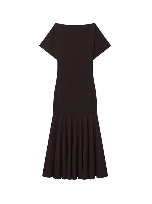 HH 2026 Women Summer Fashion Solid Midi Dress Side Zipper Pleated Woman Ship-type Short Sleeved Stitching Holiday Party Dress