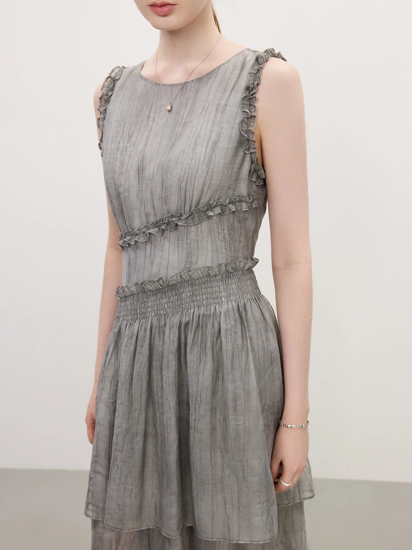 FSLE Summer 2025 Textured Pleat Dress - Fluid Asymmetric Hem Sleeveless Resort to Office Elegant Silhouette