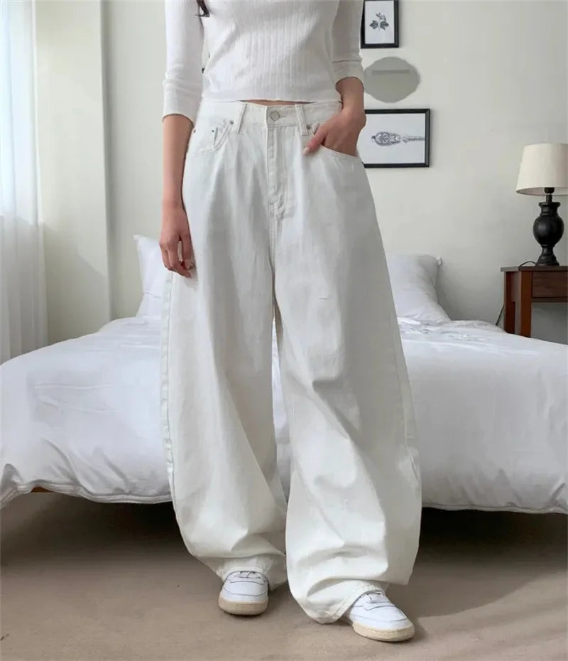 Loose Women's Denim Jeans Ba ket  Knot Design Spring New Sle Casual High Waist Wide Leg Pants Pure Color