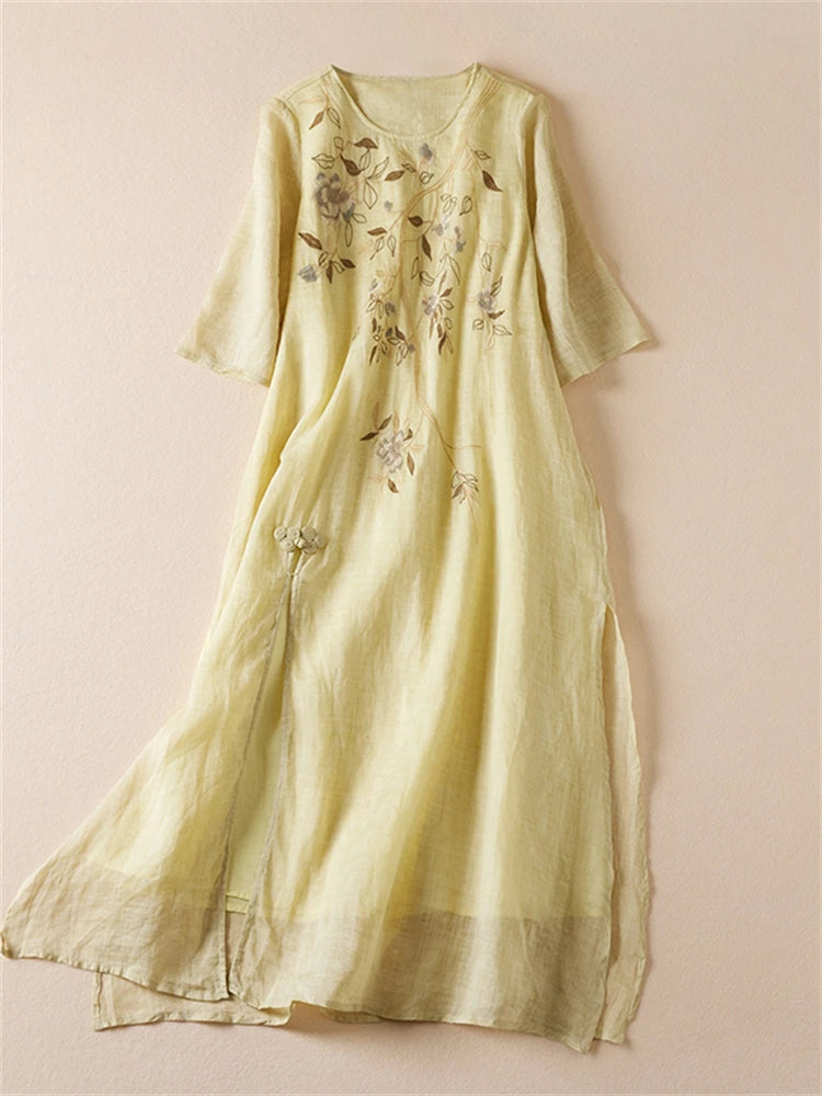 Summer Print Vintage Dresses For Women 2026 New Casual Long Thin Breathable Dress Femme Robe Office Lady Work Elegant Clothing