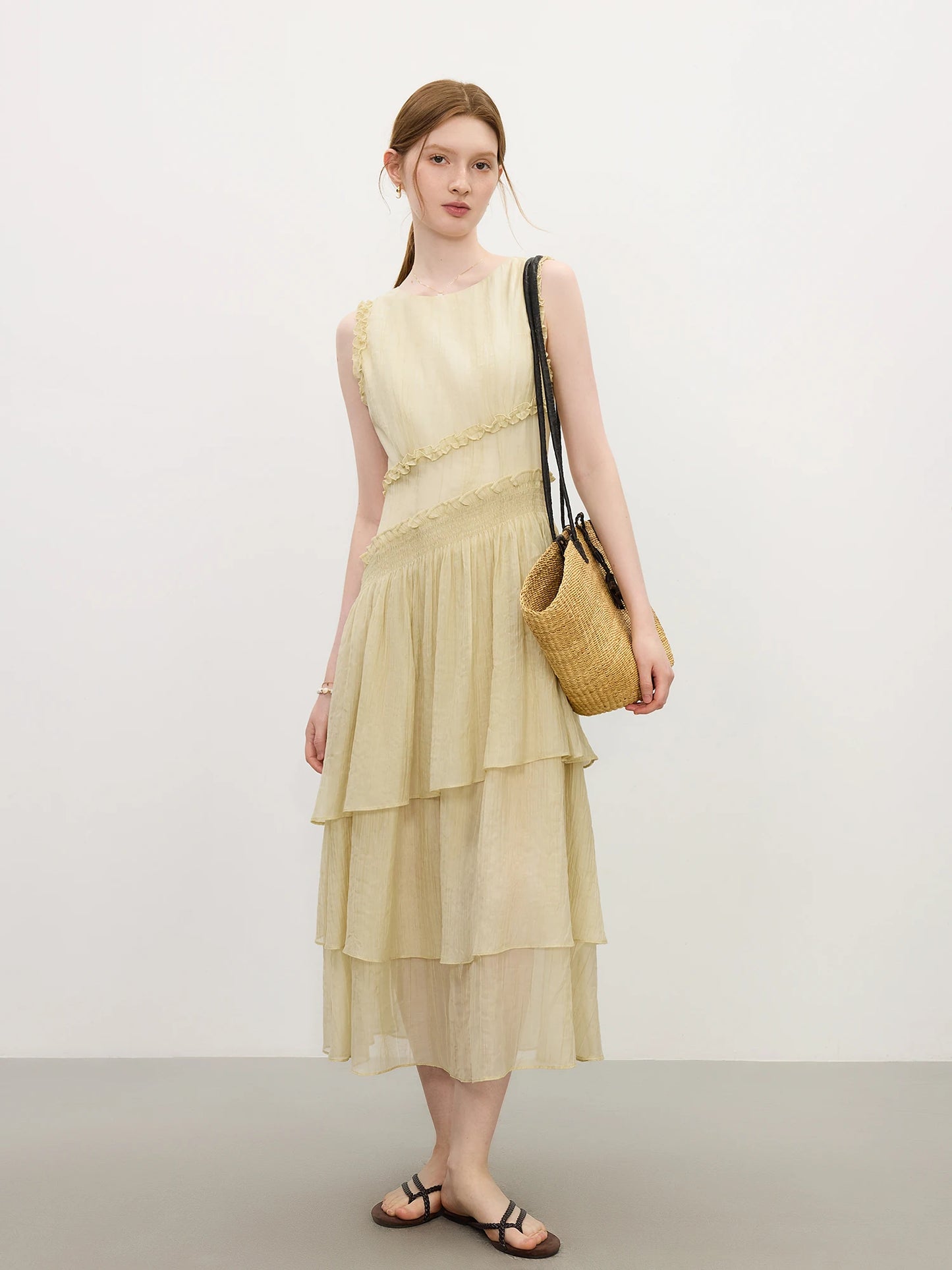 FSLE Summer 2025 Textured Pleat Dress - Fluid Asymmetric Hem Sleeveless Resort to Office Elegant Silhouette