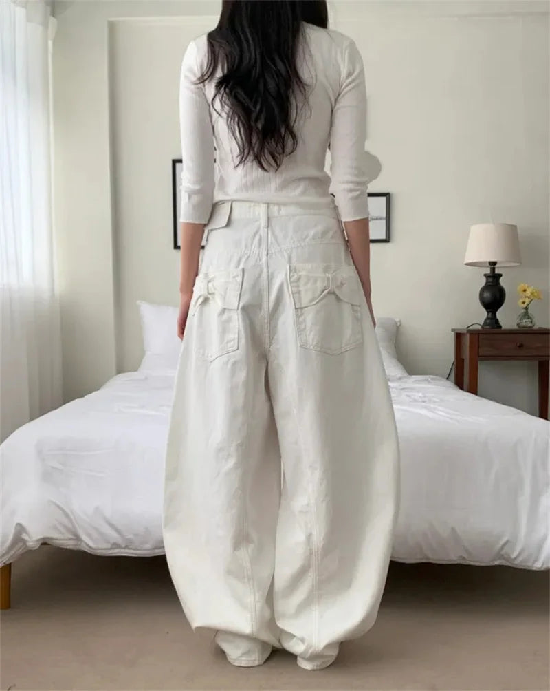 Loose Women's Denim Jeans Ba ket  Knot Design Spring New Sle Casual High Waist Wide Leg Pants Pure Color