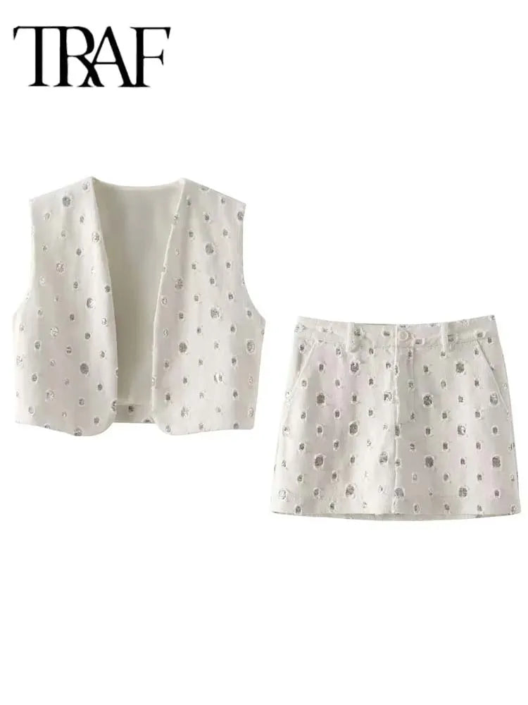 طقم تنورة أنيقة مزينة بالترتر من TRAF للنساء، مكون من قطعتين، صدرية لامعة بدون أكمام، طقم تنورة بسحاب، موضة صيف 2024 