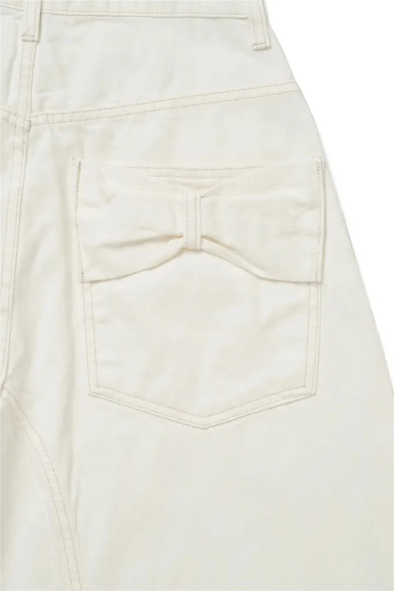 Loose Women's Denim Jeans Ba ket  Knot Design Spring New Sle Casual High Waist Wide Leg Pants Pure Color