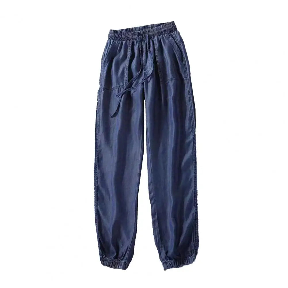 بنطلون جينز حريمي صيفي رقيق من الحرير الجليدي بخصر عالٍ مرن ورباط وبنطلون جينز فضفاض متناسق مع ساق شعاعية تسع نقاط 