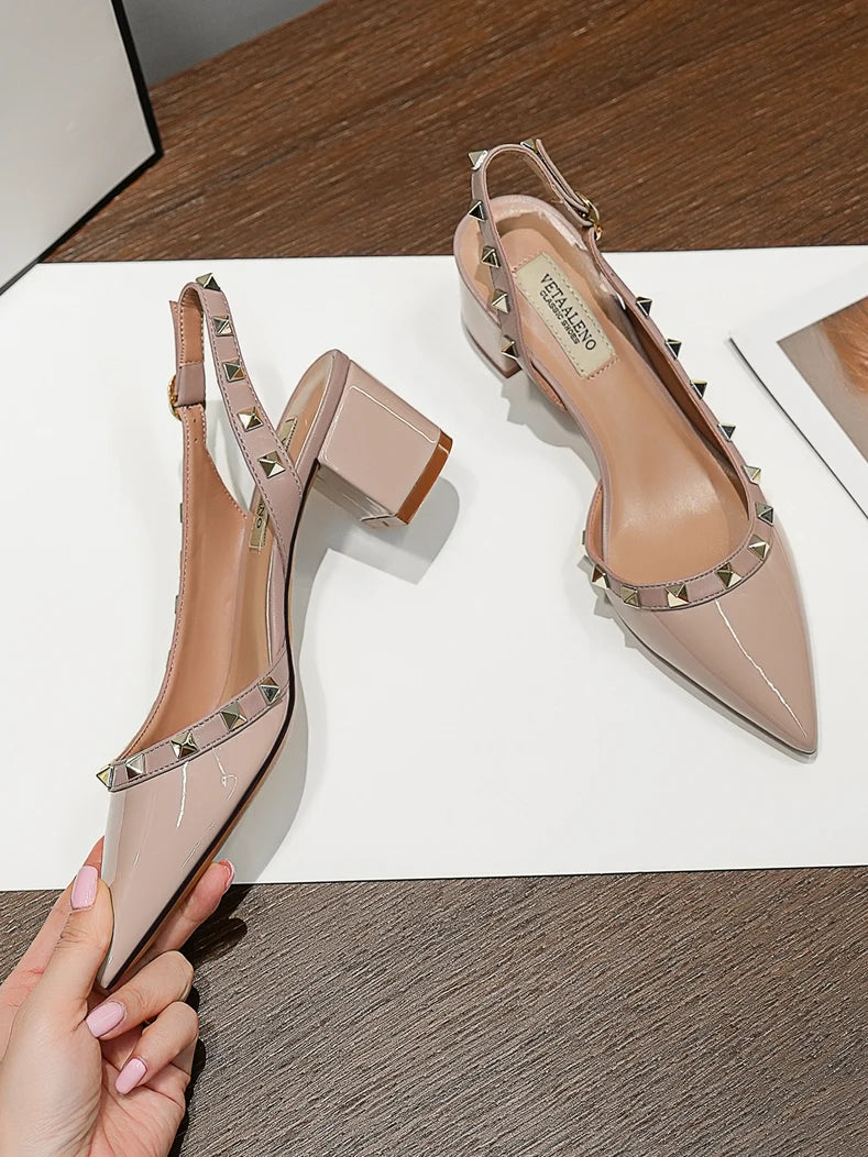 【Measure Your Feet Length Before Order】Rivets Back Strap Luxury Designer Women Elegant Sandals Block High Heel Shoes 121-CHC-33
