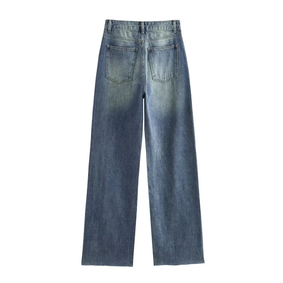 TRAF Wide-leg high-waisted jeans  women's classic everything with five pockets washed soft comfortable ultra-long jeans6045022