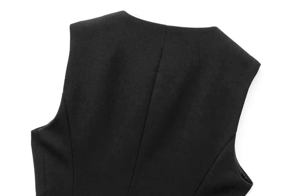 TRZA-Women's Long Waistcoat with Belt, Front Gold Button, O Neck Sleeveless Vest, Female Outerwear, Chic Tops, Fashion