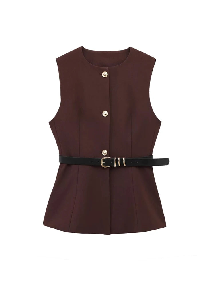 صدرية نسائية طويلة بحزام، زر أمامي ذهبي، صدرية بدون أكمام برقبة دائرية، ملابس خارجية نسائية، بلوزات أنيقة، موضة 