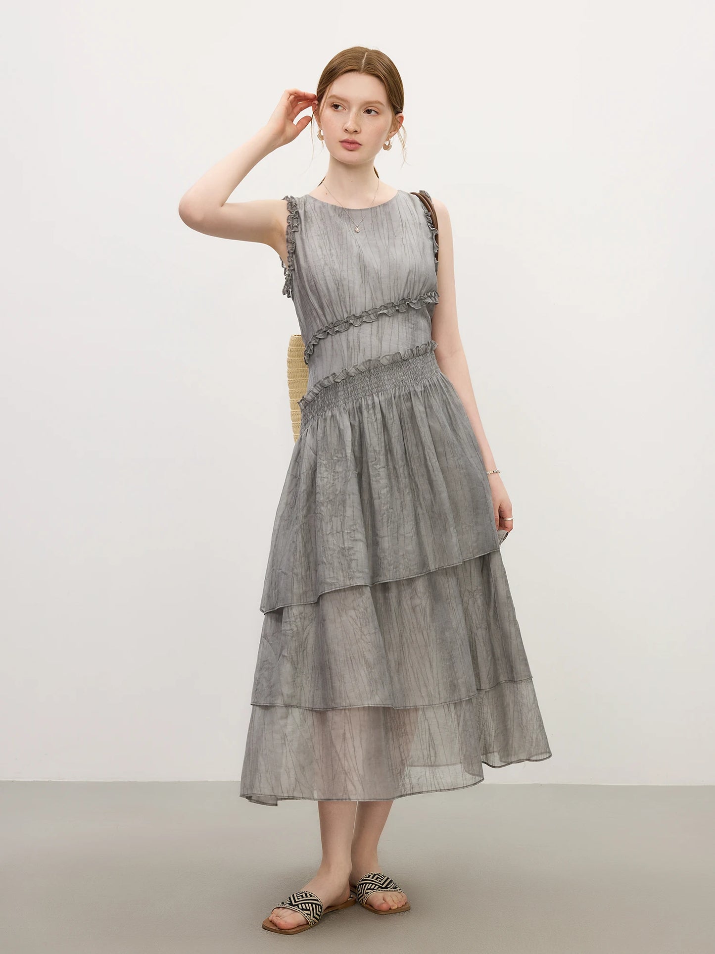 FSLE Summer 2025 Textured Pleat Dress - Fluid Asymmetric Hem Sleeveless Resort to Office Elegant Silhouette