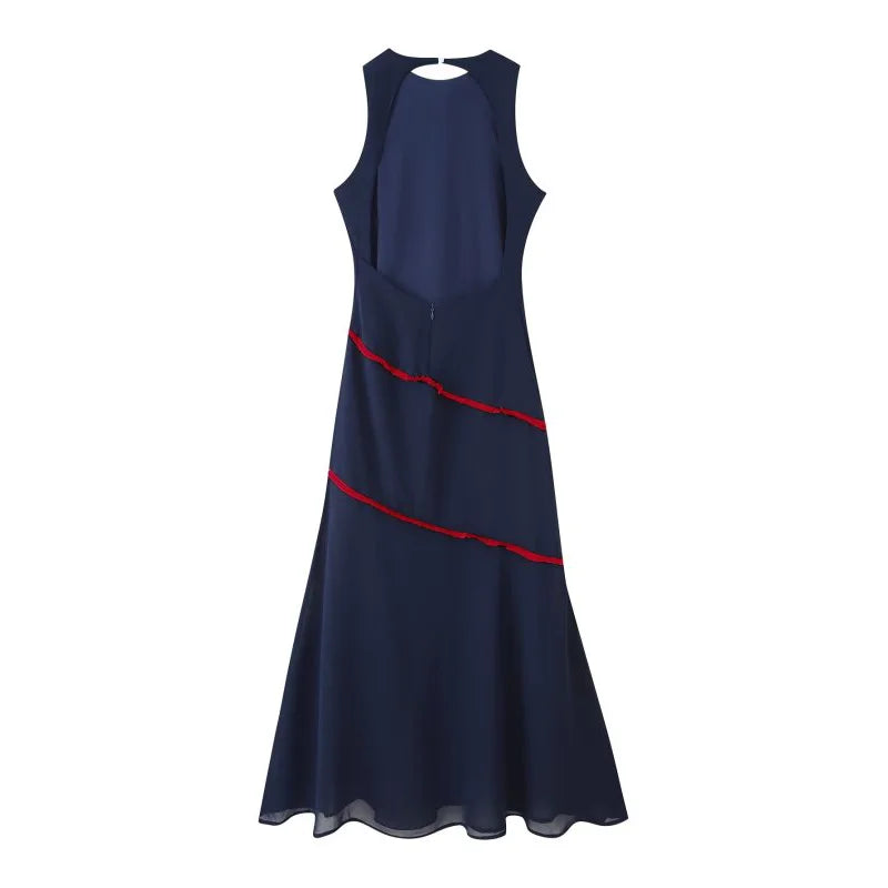 European Style Summer Sleeveless Maxi Dress Women Halter Neck Backless Contrast Ruffle Trim Elegant Long Dresses for Daily