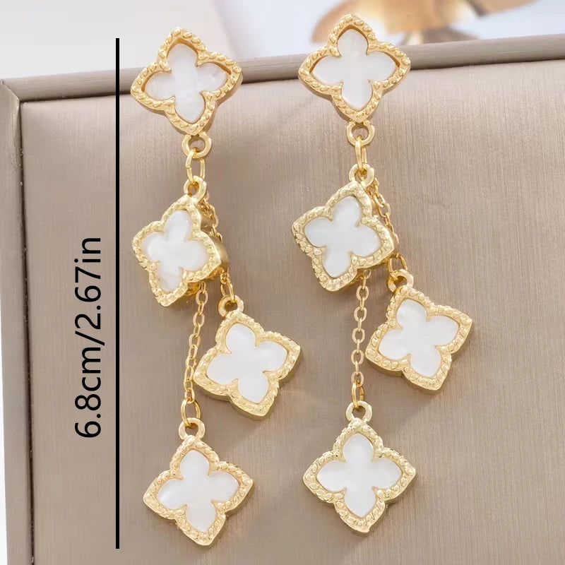 Elegant Long Clover Earrings White Shell Inlay Gold Plated Drop Earrings for Party