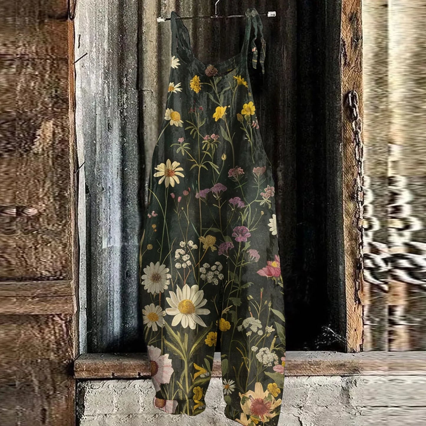 جمبسوت نسائي كاجوال فضفاض بطبعة زهور وحمالات كتف كلاسيكية من القطن والكتان للنساء جمبسوت نسائي كاجوال 