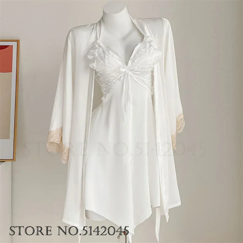 طقم ملابس نوم مثيرة من الدانتيل للنساء، ملابس نوم وأردية حمام، ملابس نوم حميمية، رداء حمام من الحرير والساتان، ملابس نوم صيفية منزلية 