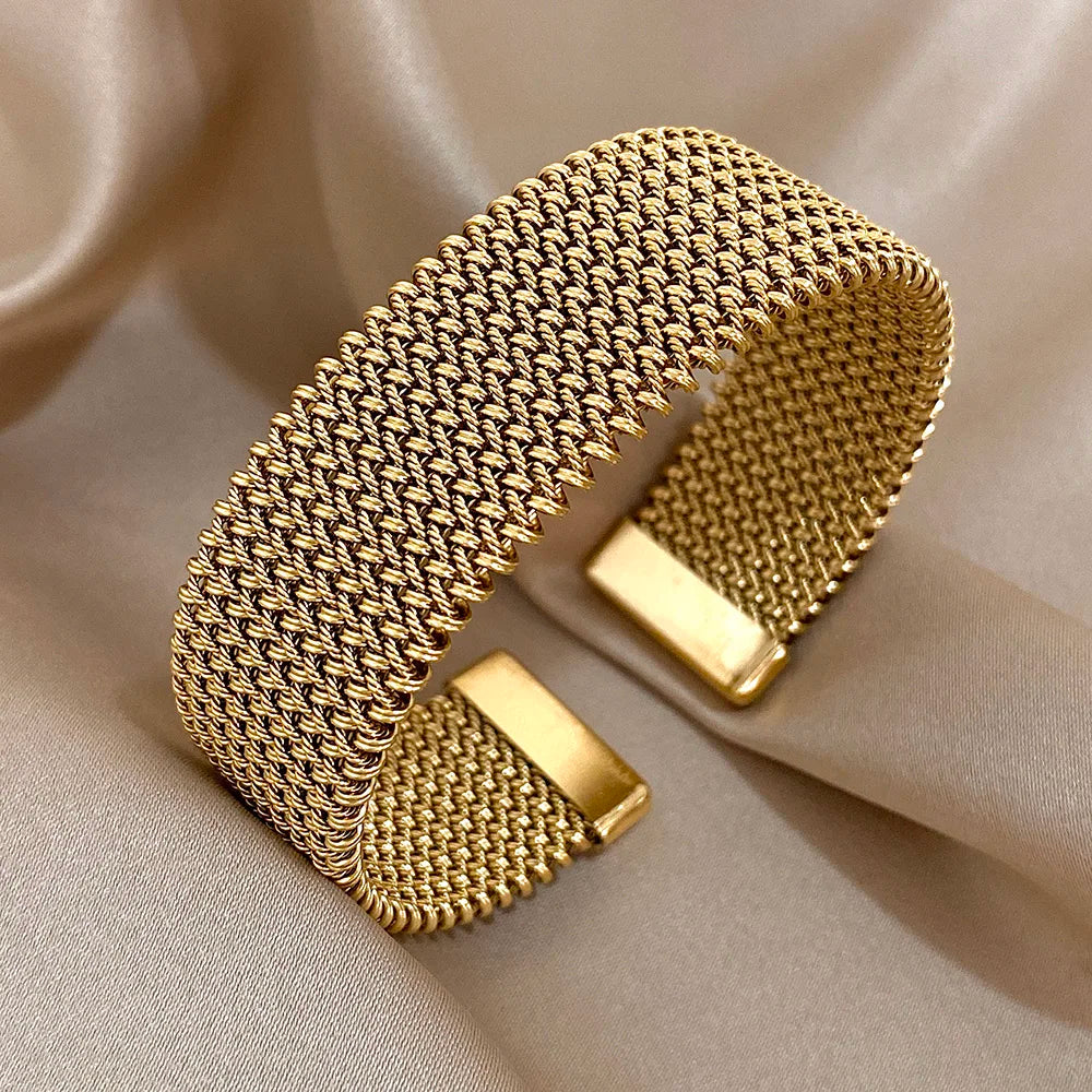 Vintage Weave Golden Cuff Bracelets for Women Elegant Trendy Stainless Steel Chunky Bracelet Bangle Waterproof Jewelry Gifts