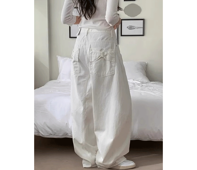 Loose Women's Denim Jeans Ba ket  Knot Design Spring New Sle Casual High Waist Wide Leg Pants Pure Color