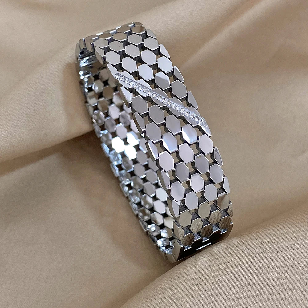 Luxury Charm Stainless Steel Cuff Bracelet for Women Fashion Zircon Geometric Gold Silver Color Wrist Bangles Waterproof Jewelry
