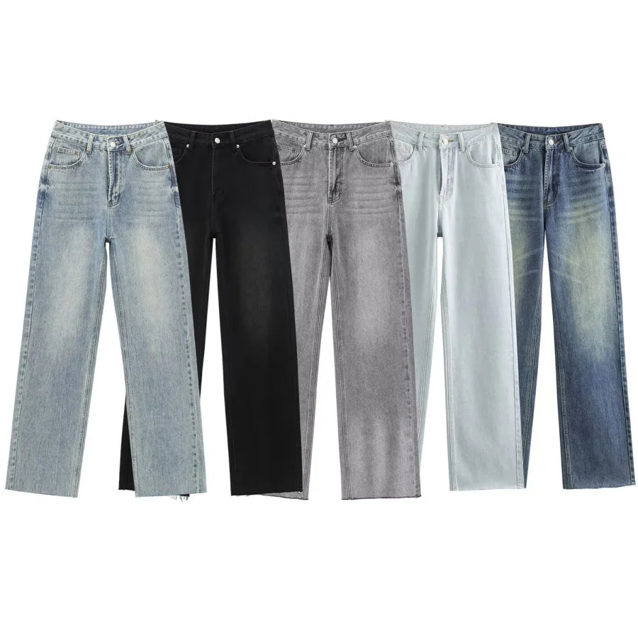 TRAF Wide-leg high-waisted jeans  women's classic everything with five pockets washed soft comfortable ultra-long jeans6045022