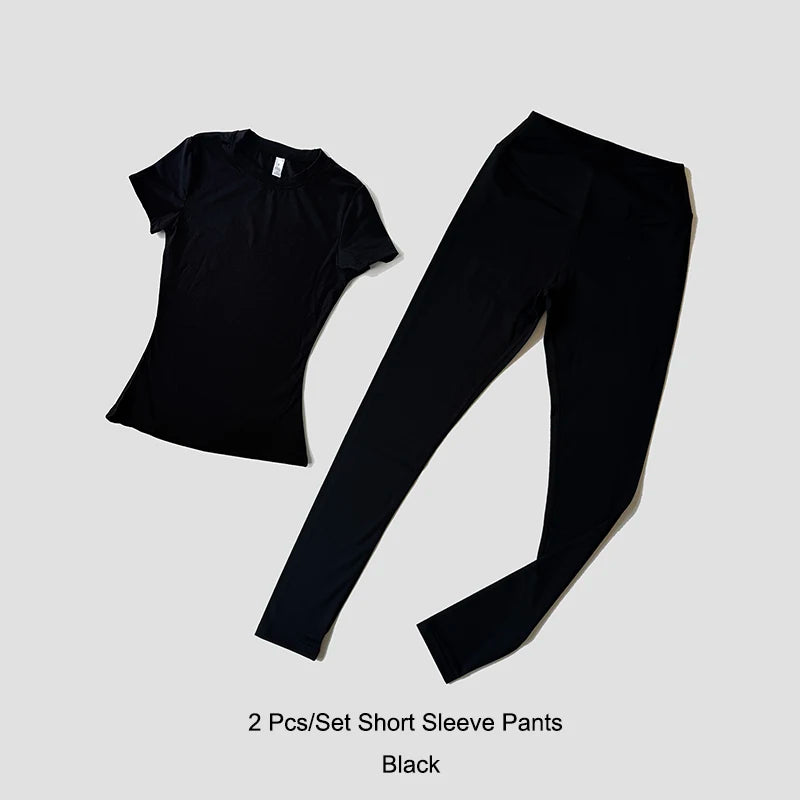 مجموعة يوغا نسائية ملابس رياضية ملابس تمرين ملابس رياضية بنطال رياضي ضيق لياقة بدنية قميص قصير الأكمام بدلة رياضية