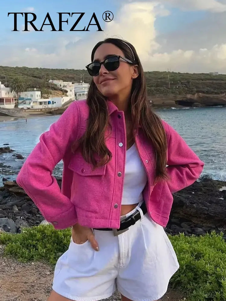 جاكيتات TRAFZA للنساء، موضة خريفية، جاكيت بأكمام طويلة وجيوب أمامية سادة، معطف خارجي أنيق غير رسمي للنساء 