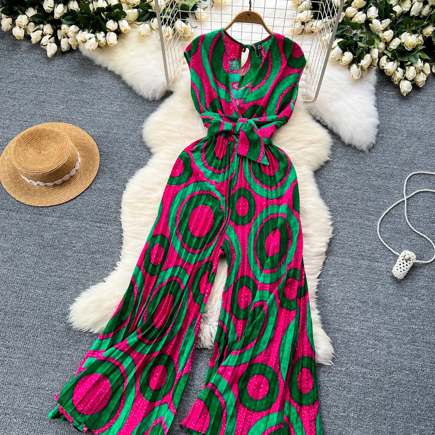 Summer Elegant Women Abstract Print Jumpsuit Chic Streetwear Wide Leg Romper Mujer V Neck Bodycon Sleeveless High Jumps