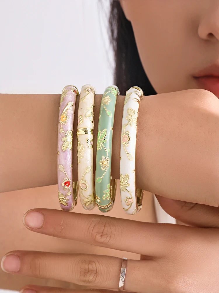 FTCY  3 Pcs Fine small Flower enamel bracelet For Women  Retro Cloisonne Bangle Gold Color Plated Bracelet For Girls Luxury Jewe