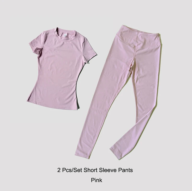 مجموعة يوغا نسائية ملابس رياضية ملابس تمرين ملابس رياضية بنطال رياضي ضيق لياقة بدنية قميص قصير الأكمام بدلة رياضية