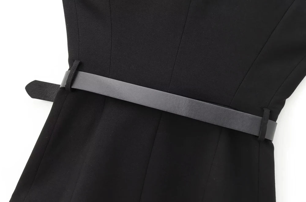 TRZA-Women's Long Waistcoat with Belt, Front Gold Button, O Neck Sleeveless Vest, Female Outerwear, Chic Tops, Fashion