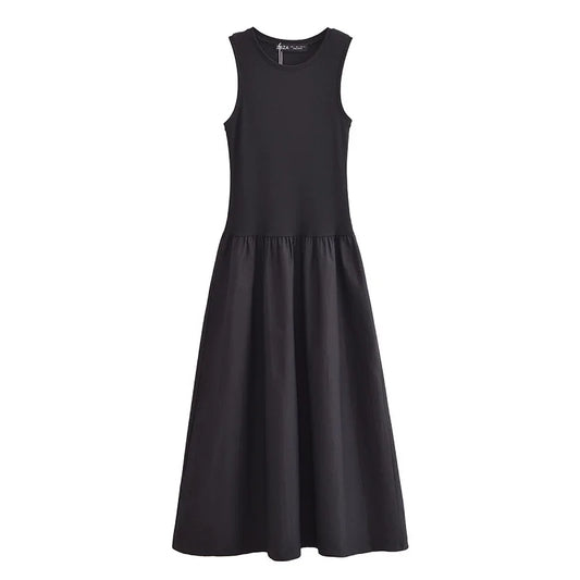 MUJER Black Pleated Long Dresses for Women Knitted Sleeveless Maxi Dress Woman Vintage Party Womens Dresses Spring Casual Dress