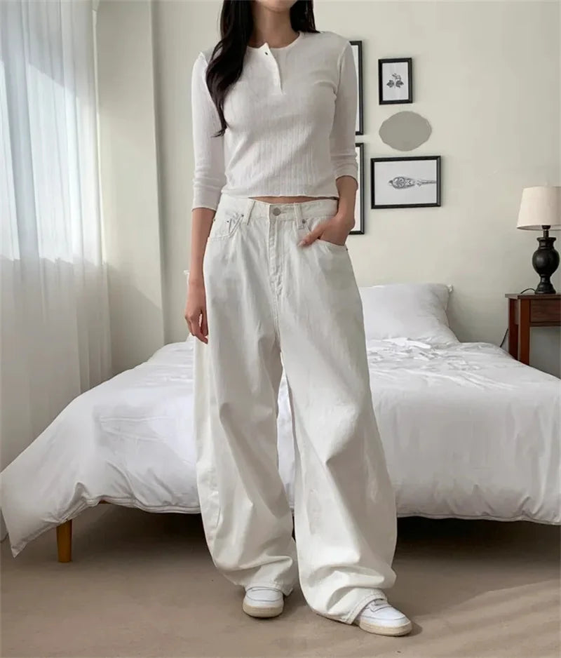 Loose Women's Denim Jeans Ba ket  Knot Design Spring New Sle Casual High Waist Wide Leg Pants Pure Color