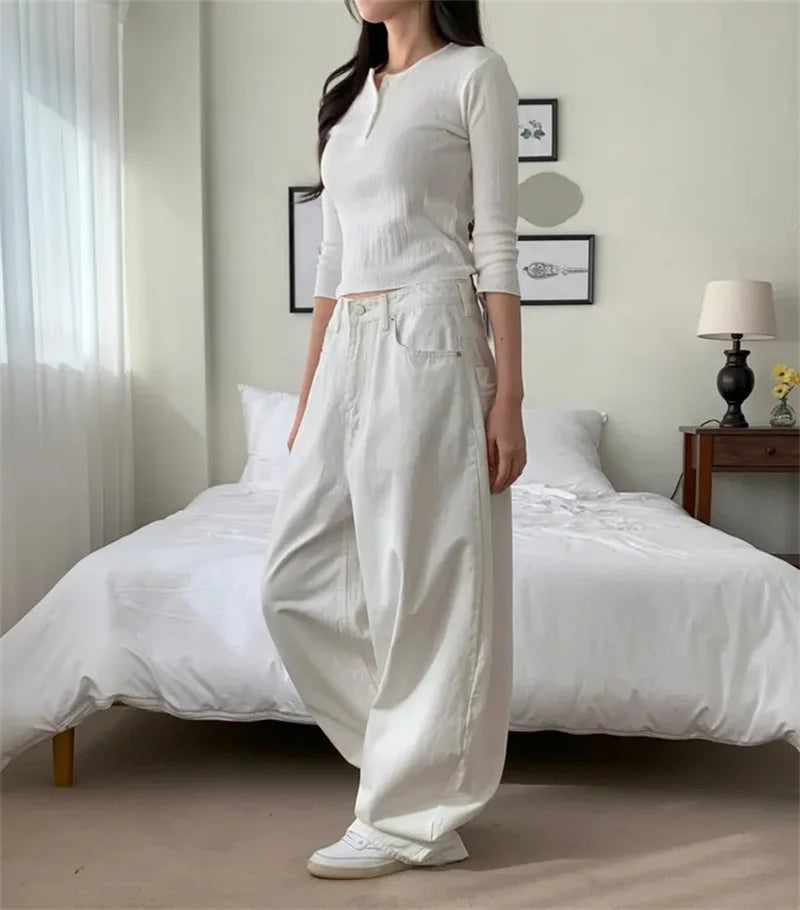 Loose Women's Denim Jeans Ba ket  Knot Design Spring New Sle Casual High Waist Wide Leg Pants Pure Color
