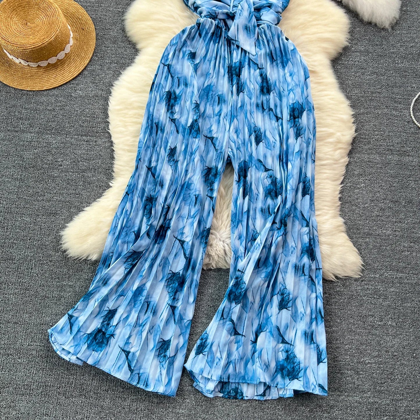 Summer Elegant Women Abstract Print Jumpsuit Chic Streetwear Wide Leg Romper Mujer V Neck Bodycon Sleeveless High Jumps