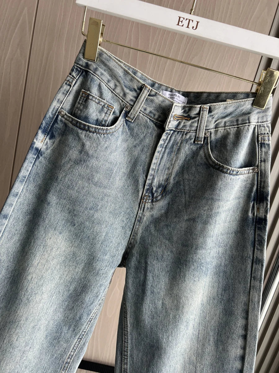 TRAF Wide-leg high-waisted jeans  women's classic everything with five pockets washed soft comfortable ultra-long jeans6045022
