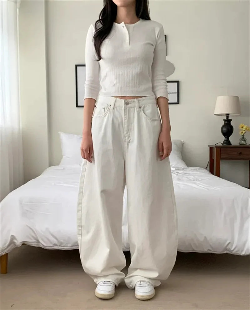 Loose Women's Denim Jeans Ba ket  Knot Design Spring New Sle Casual High Waist Wide Leg Pants Pure Color