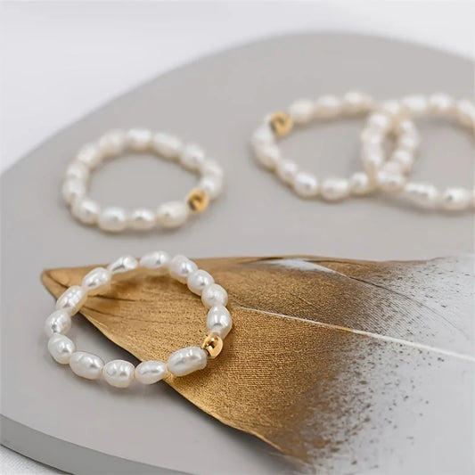 YWYC Mini Rice Shape Freshwater Pearl Ring for Women Elastic 3-4mm Pearl Finger Ring Jewelry Gift for Lover Mom