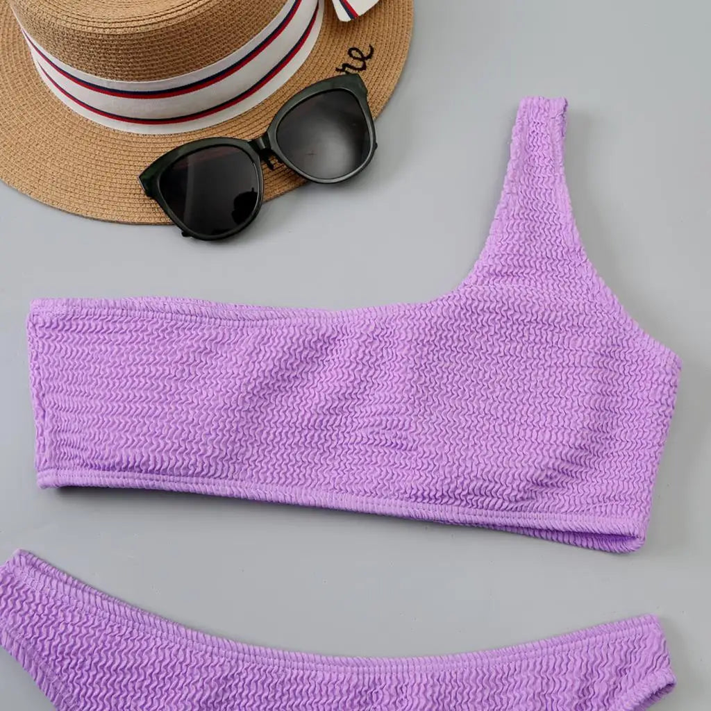 One Shoulder Bikinis 2025 Women Sexy Swimwear Female Brazilian Swimsuit Solid Beachwear Bathers Bathing Swimming Swim Suit