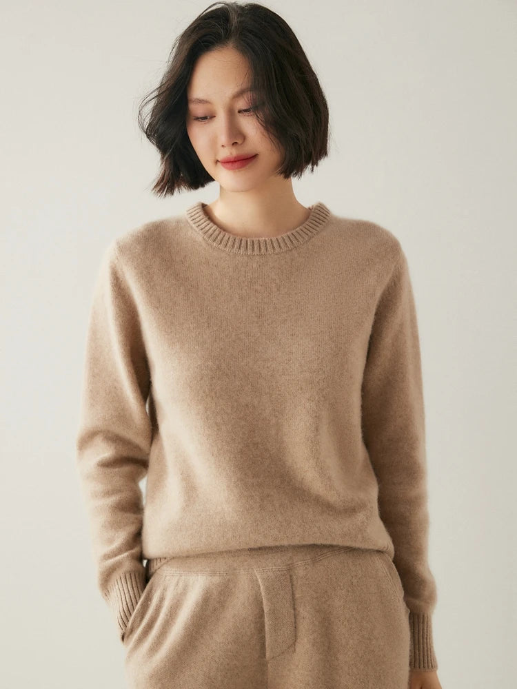 Chic O-Neck 100% Cashmere Sweater Women's Solid Color Pullover Autumn Winter Basic Casual Clothing Thick Warm knitwear Soft Tops