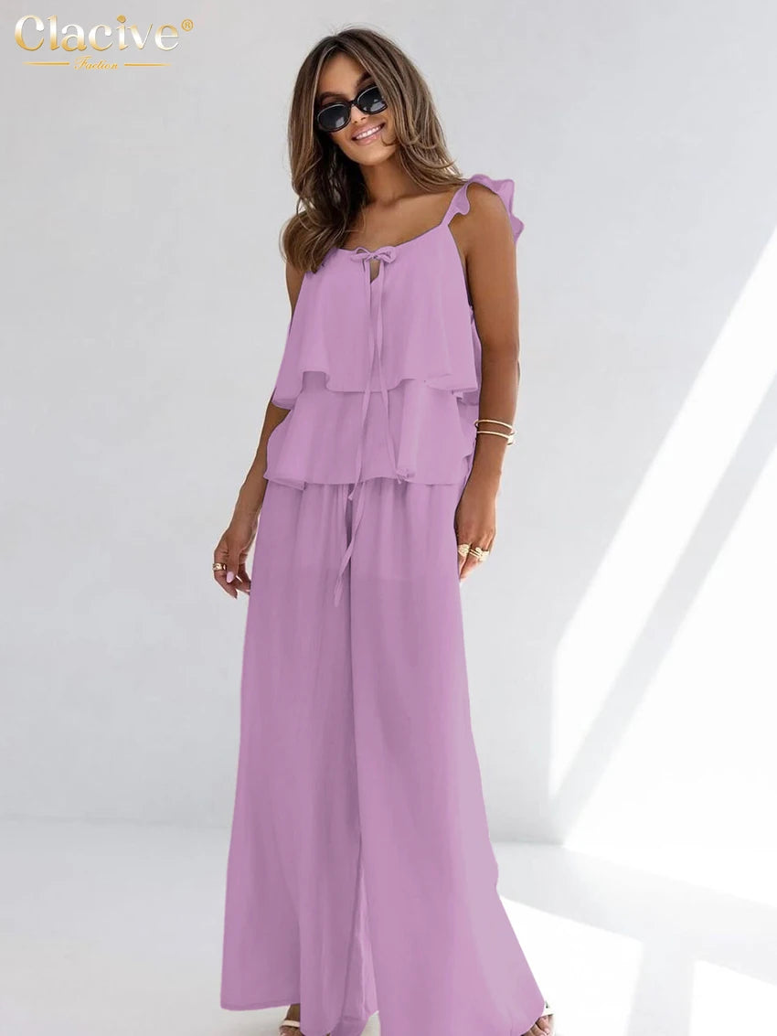 طقم نسائي من قطعتين من القطن الأبيض الفضفاض من Clacive صيفي 2025، مكون من بلوزة بدون أكمام مع بنطلون واسع وخصر مرتفع للنساء 