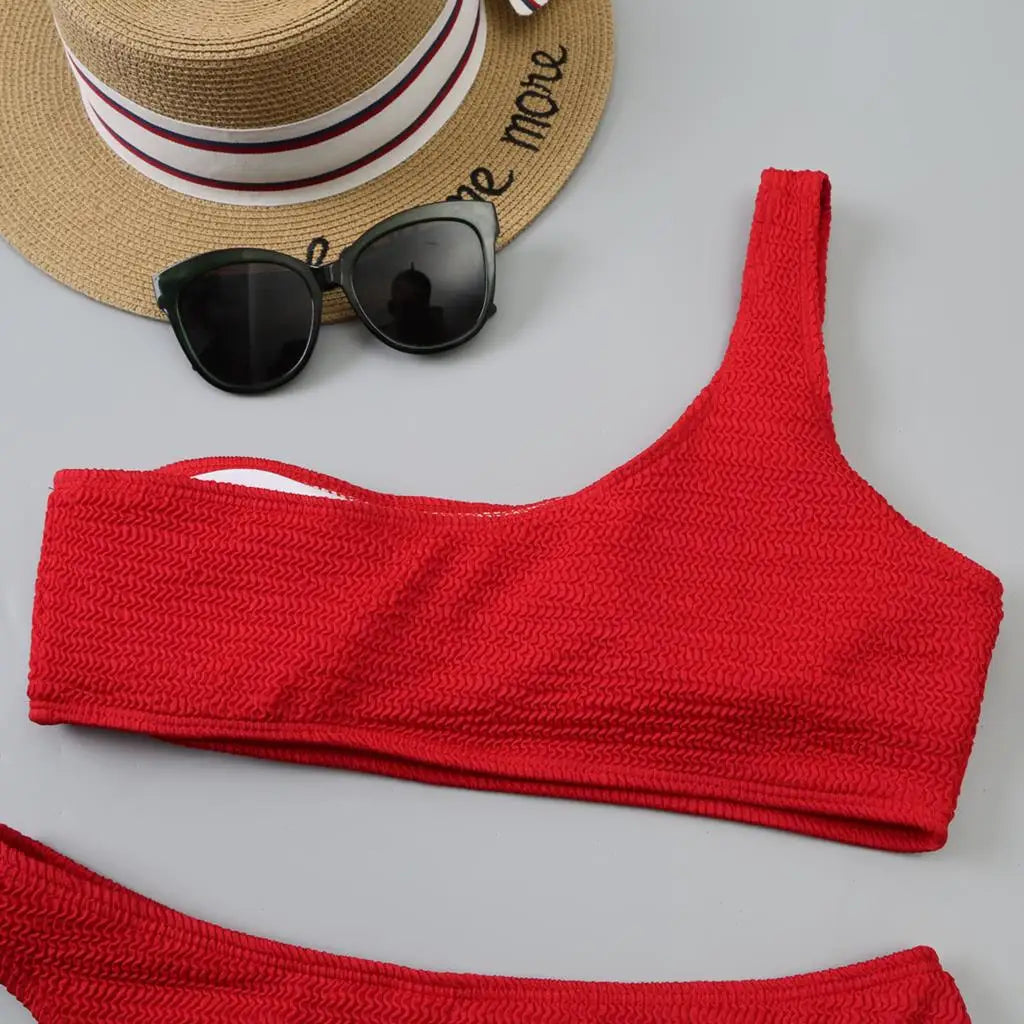 One Shoulder Bikinis 2025 Women Sexy Swimwear Female Brazilian Swimsuit Solid Beachwear Bathers Bathing Swimming Swim Suit