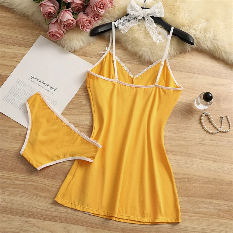 بيجامة نسائية من القطن مع حمالة صدر، طقم بيجاما مكون من قطعتين، قمصان نوم دانتيل لطيفة، فيونكة صيفية، ملابس نوم بفتحة رقبة على شكل حرف V، فستان بيجاما بفتحة 