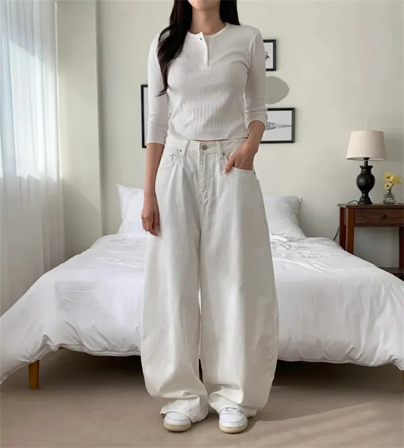 Loose Women's Denim Jeans Ba ket  Knot Design Spring New Sle Casual High Waist Wide Leg Pants Pure Color