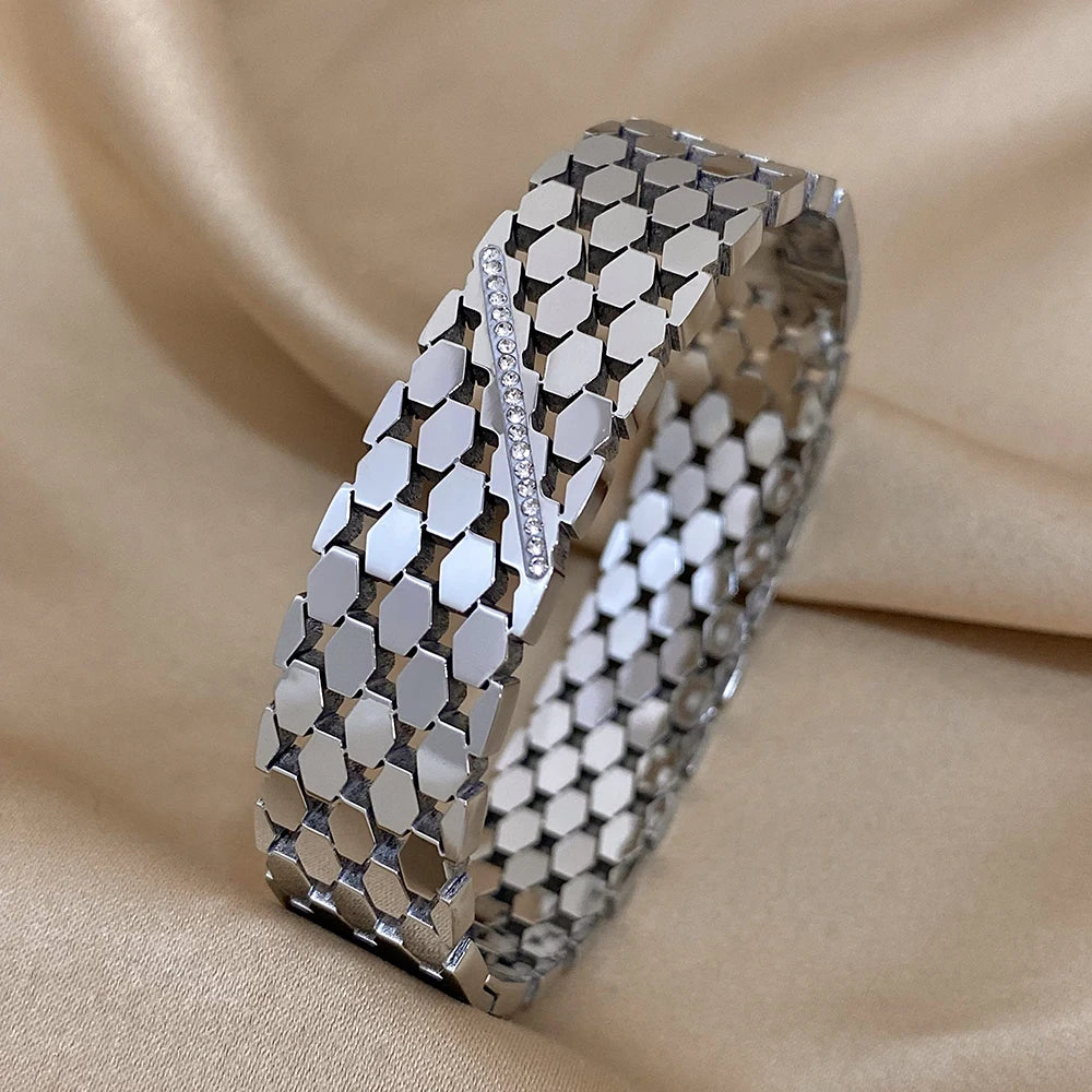 Luxury Charm Stainless Steel Cuff Bracelet for Women Fashion Zircon Geometric Gold Silver Color Wrist Bangles Waterproof Jewelry